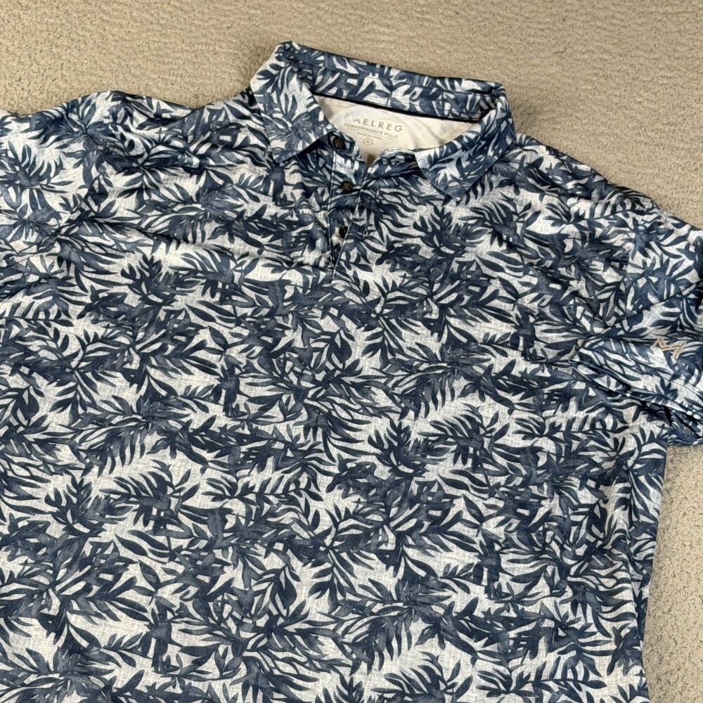 PERFORMANCE  Polo Shirt Mens XL‎ Blue Golf Palm Leaf Print Maelreg Stretch